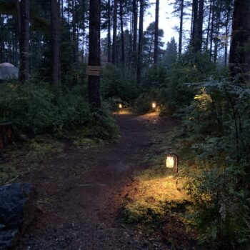 lighted pathway leading to the yurt